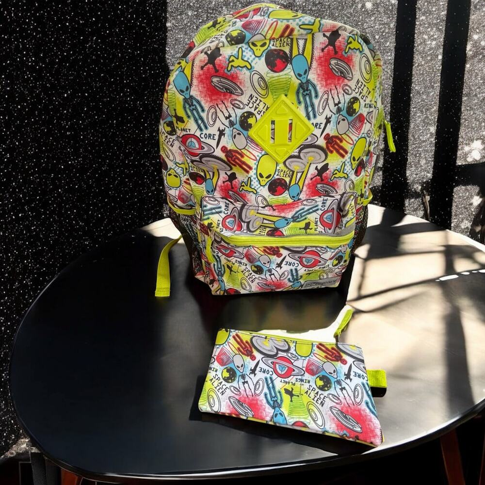 Space Alien Backpack Matching Pouch Neon UFO Outer Space Reflective Spaceman